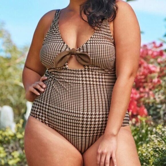 NWT Brown Houndstooth Print Plus Size One Piece Bathing Suit Size 0X Beach Pool - Picture 1 of 8